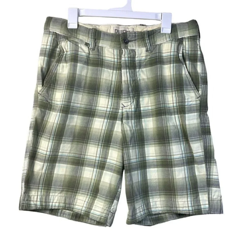 RUEHL No.925 Men's 32 Plaid Green Chino Shorts Heavy Twill Button Fly Drawstring
